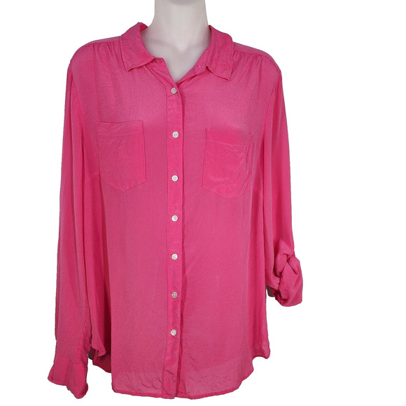 Talbots Womens Shirt Size 10 Pink 100% Silk Long Roll Tab Sleeve Button Pockets - Picture 1 of 8